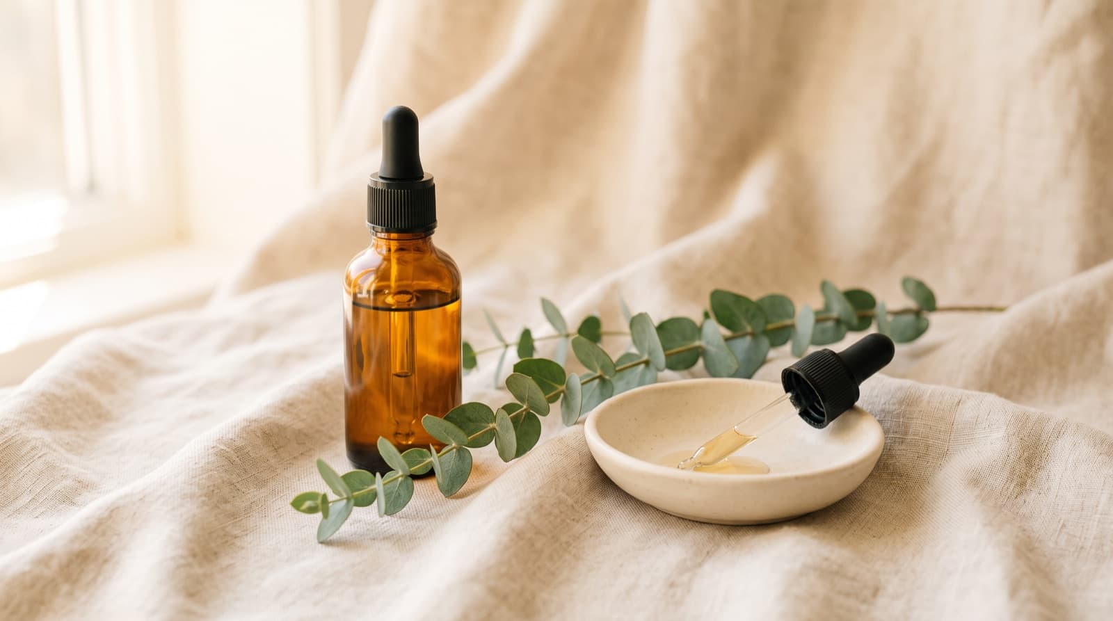 An amber serum bottle, ceramic dish and eucalyptus sprig on a linen surface
