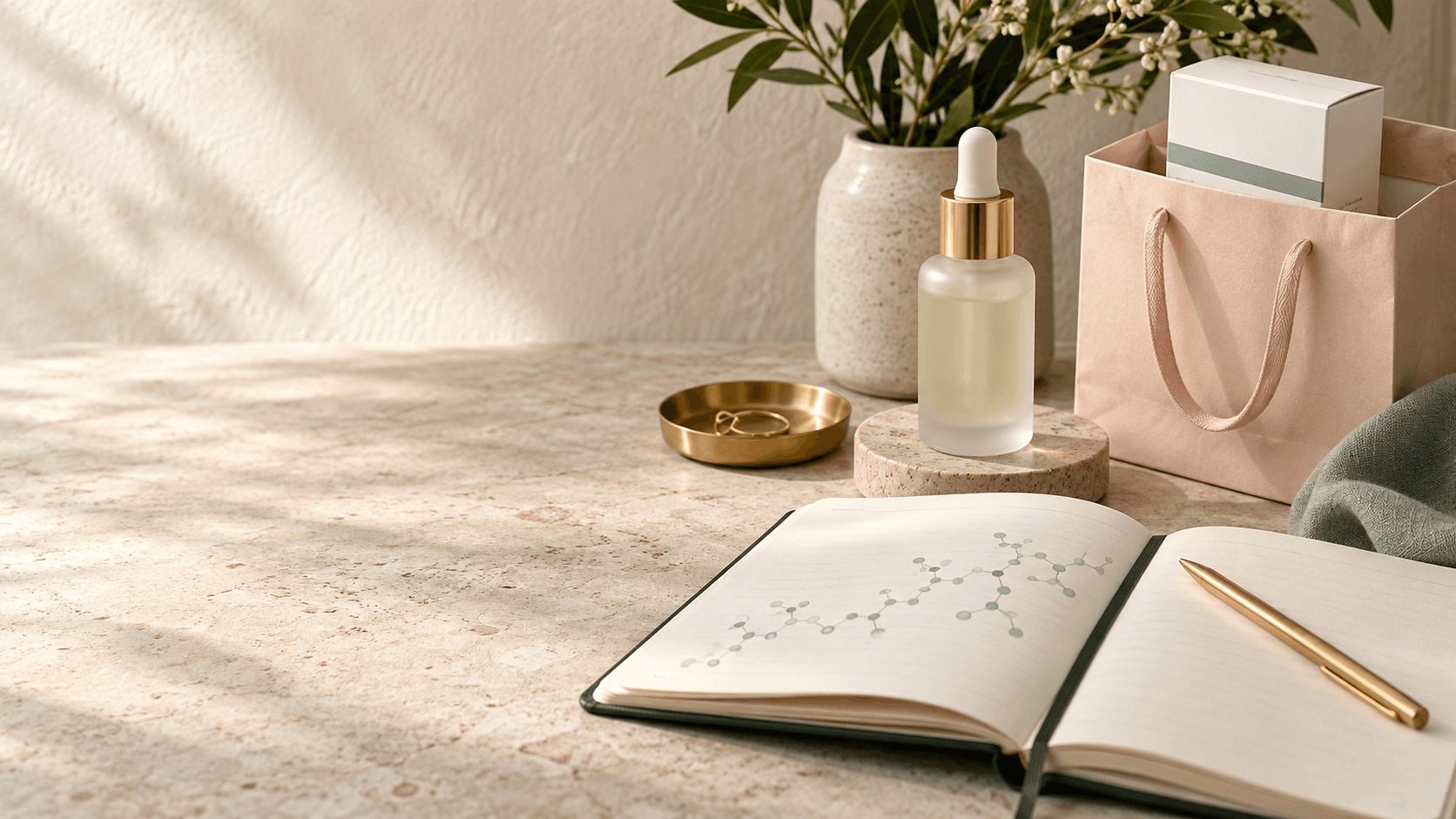 Editorial still life representing peptide research, women’s health, and cellular signaling in cream, blush, teal, and gold tones