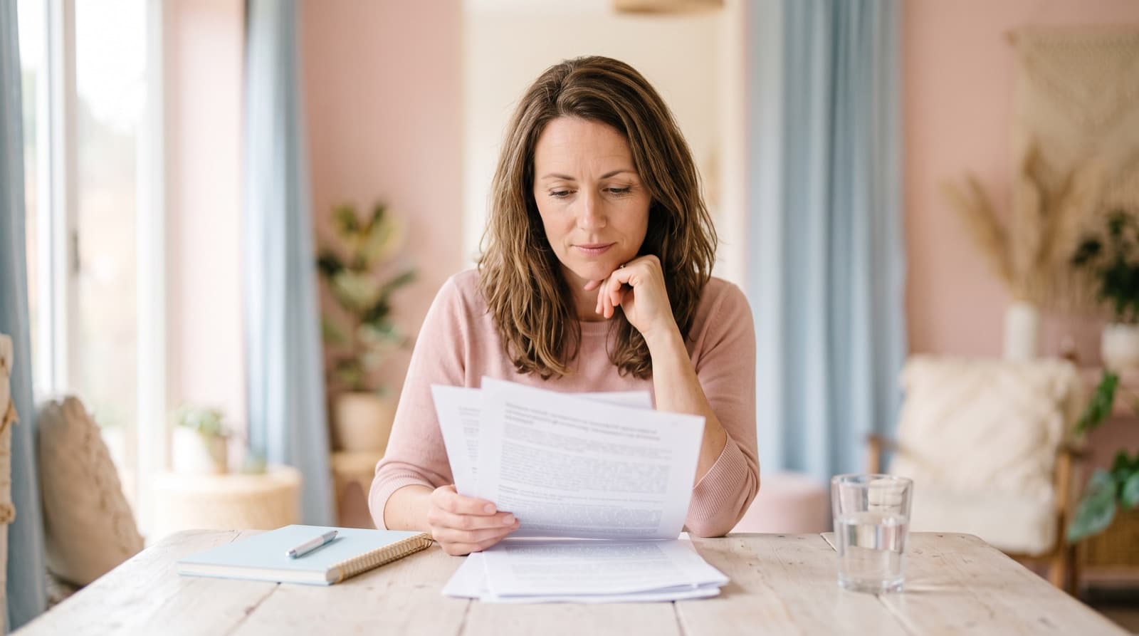 A woman reading printed research pages at a table in soft light