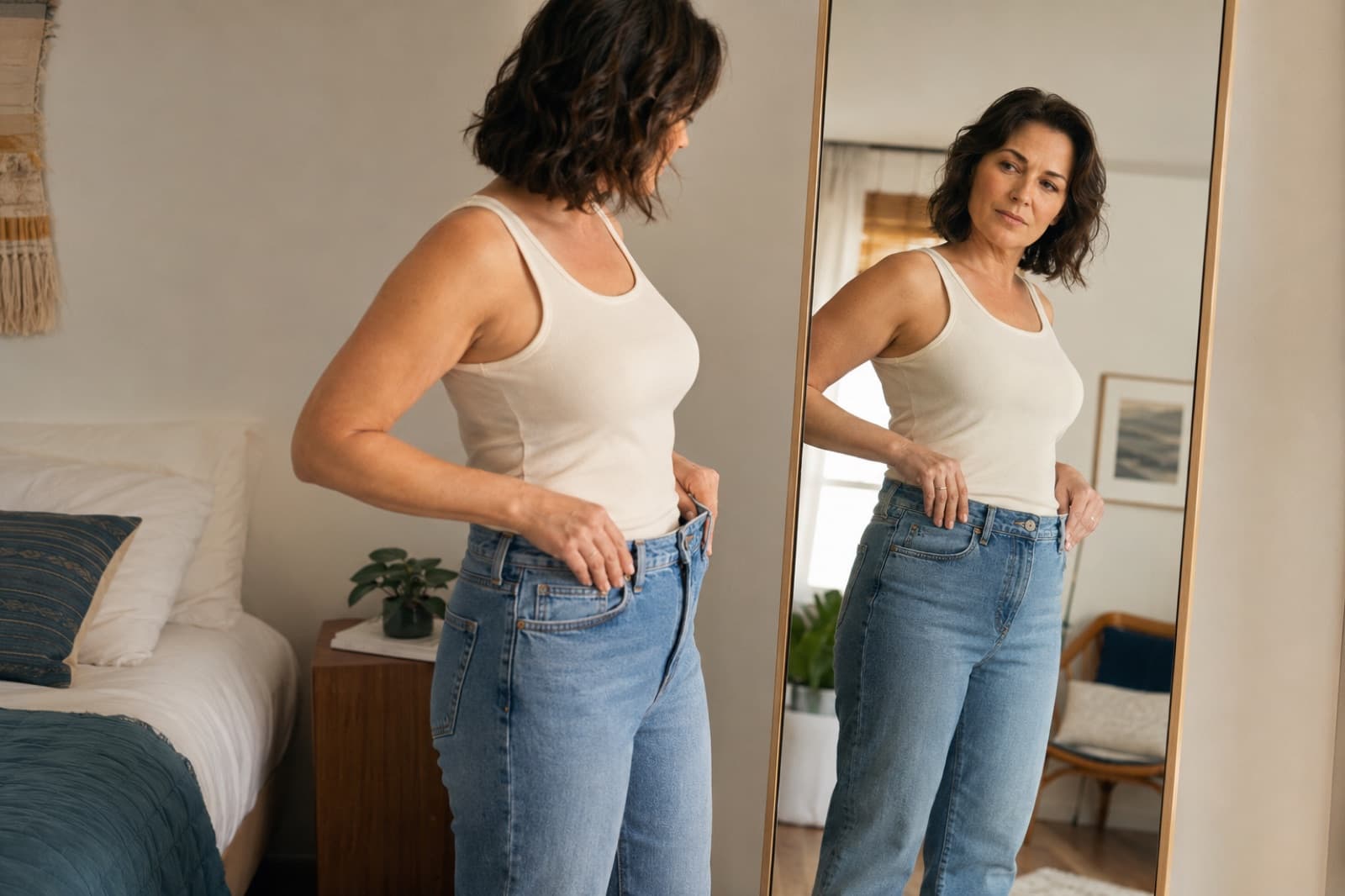 A woman in her forties checking the fit of her jeans in a bedroom mirror