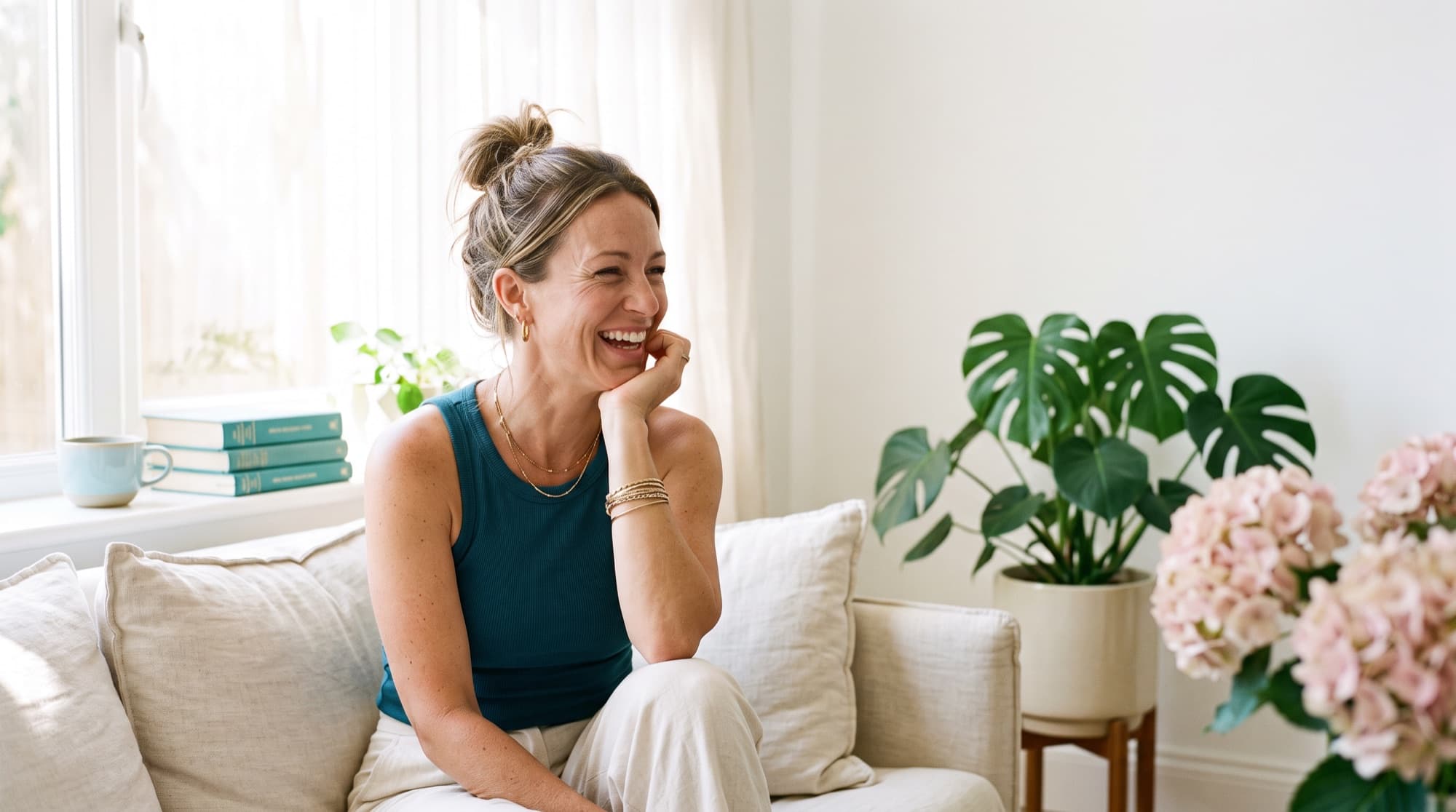 A woman in her forties laughing in a bright, plant-filled room by a window