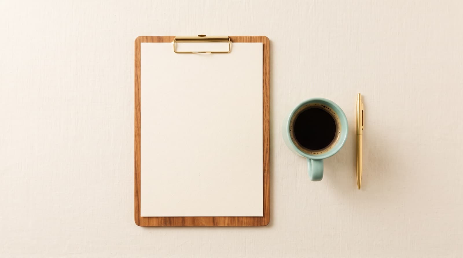 A clipboard, a teal mug of coffee and a pen on a cream surface